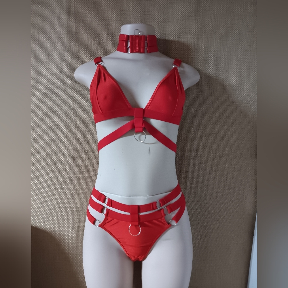 Red Strappy Harness Lingerie Set - Women Intimates